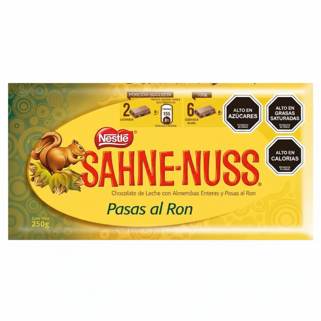Chocolare sahnenuss sabor chocolate de leche con sabor pasas al ron presentacion de 250 gramos originario de chile nestle