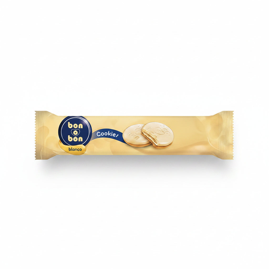 Galleta bon o bon de chocolate blanco y relleno de pasta de mani presentacion 95 gramos.