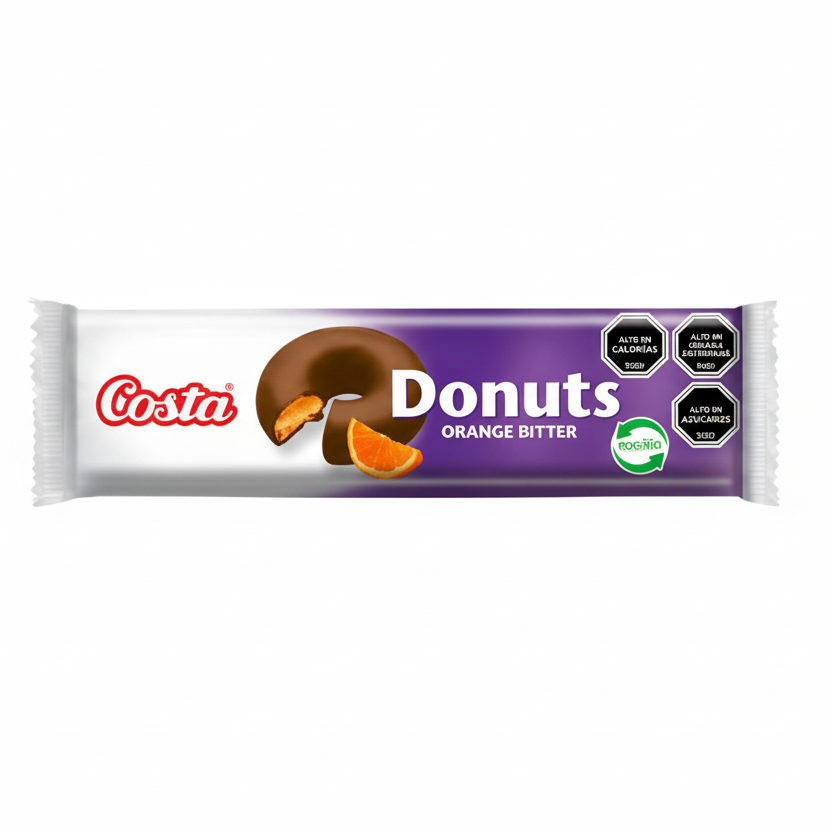 galleta crujiente donuts sabor a  naranja con cobertura de chocolate