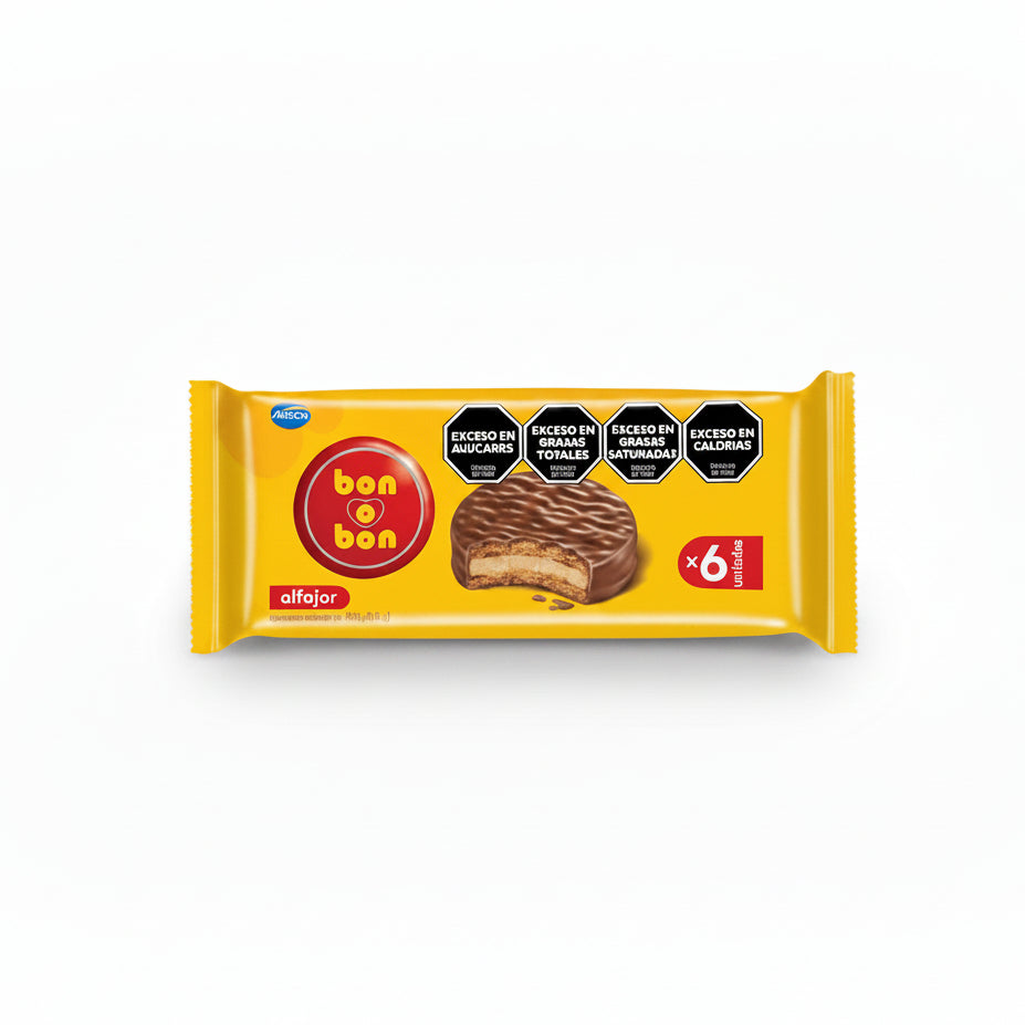 alfajor marca bon o bon relleno de crema de maní con cobertura de chocolate con leche presentación de 240 gramos