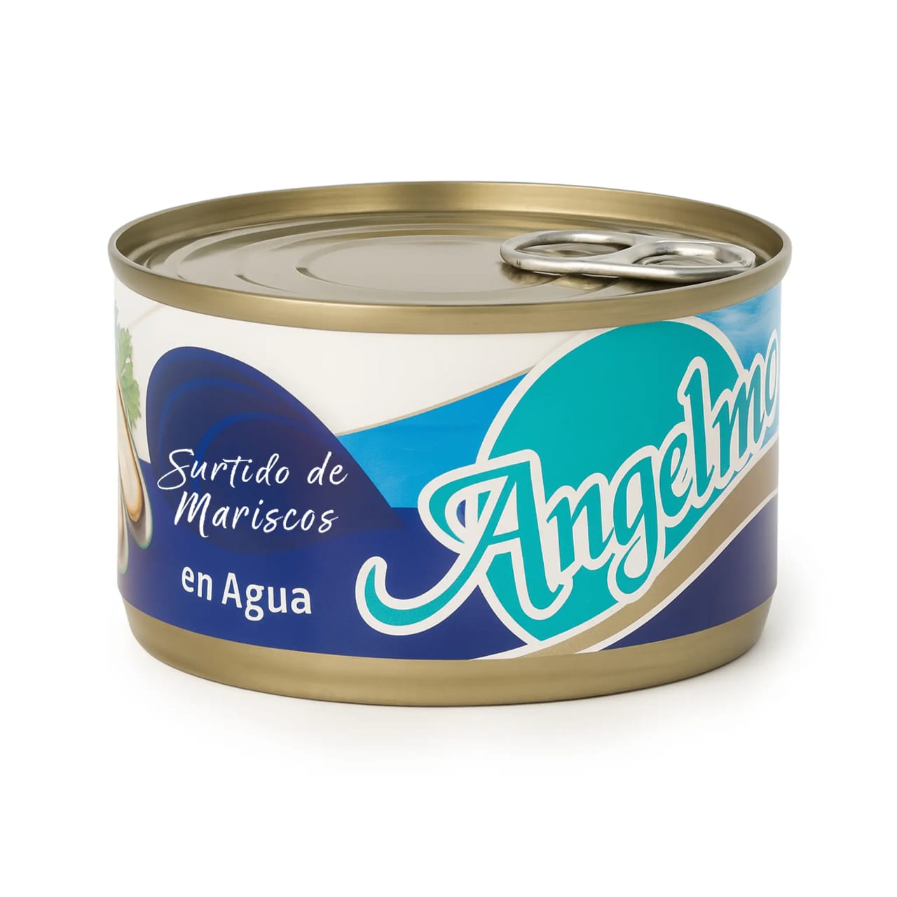 surtido de mariscos en agua en lata marca angelmo chile